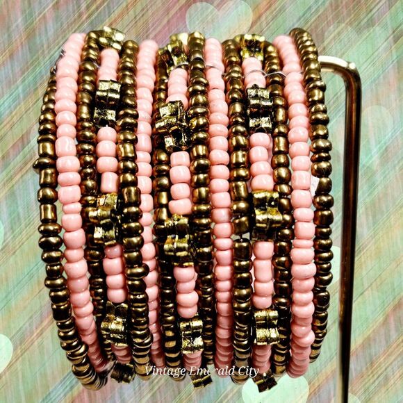 Golden Flowers & Coral Seeds Beaded Bracelet Spiral Coil Wire Retro Wrap Cuff - Picture 10 of 12